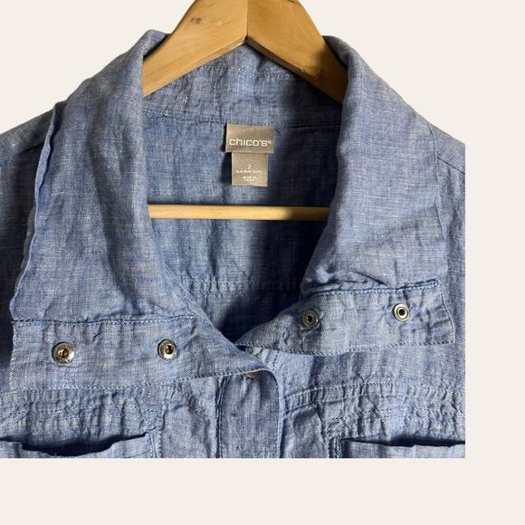 Chico’s Cross Dye Blue Linen Drawstring Utility Jacket Size L - Picture 5 of 11